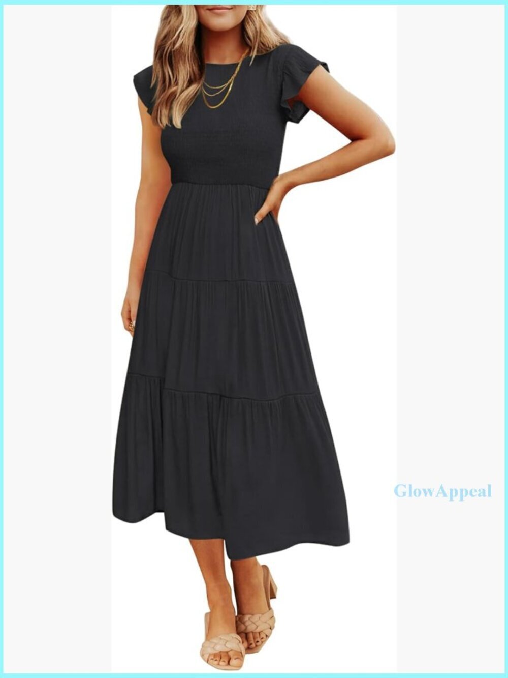 Flutter Sleeve Smocked Midi Dress, Elastic Waist Tiered Summer Casual